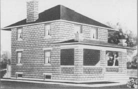 A Foursquare-style house design, appearing in the Radford Architectural Company's 1908 catalog Cement Houses and How to Build Them. It was one of hundreds of cancrete block house designs offered by the Radford company. They estimated that this design could be built for about $2,250.00, much less than traditional stone masonry houses of the time. (From the collections of Henry Ford Museum & Greenfield Village.)