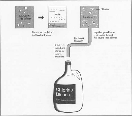 The raw materials for making household bleach are chlorine, caustic soda, and water. The chlorine and caustic soda are produced by putting direct current electricity through a sodium chloride salt solution in a process called electrolysis.