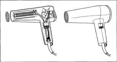 A hair dryer and its internal parts.