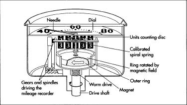 The inner mechanisms of a speedometer.