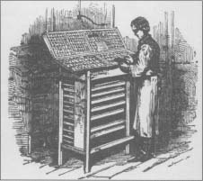 A typesetter, or compositor, works at his type stand in this mid-nineteenth century engraving.