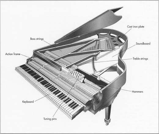 Pianos have the greatest range of any instrument and over 2,500 parts. They are considered to belong to both the string family of instruments, because a piano's strings produce its sounds, as well as the percussion family, because the sound is produced when a hammer strikes a string.