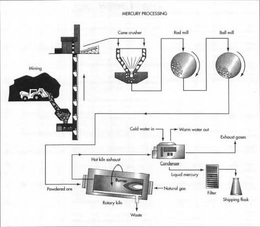 In order to extract mercury from its ores, cinnabar ore is crushed and heated to release the mercury as a vapor. The mercury vapor is then cooled, condensed, and collected.