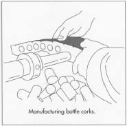 Cork intended to be used as bottle corks is first softened by steam and then cut into strips. Next, the strips are fed through a machine that punches hollow metal tubes through them, removing cylinders of cork.