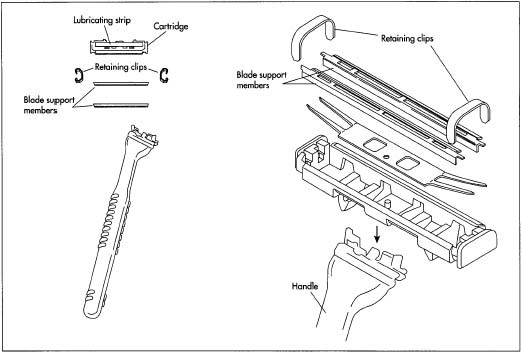 The plastic portions of a safety razor include the handle and blade cartridge. These parts are typically molded from a number of different plastic resins, including polystyrene, polypropylene, and phenylene-oxide based resins as well as elastomeric compounds. Razor blades are made from a special corrosion resistant blend of steel called carbide steel because it is made using a tungsten-carbon compound.