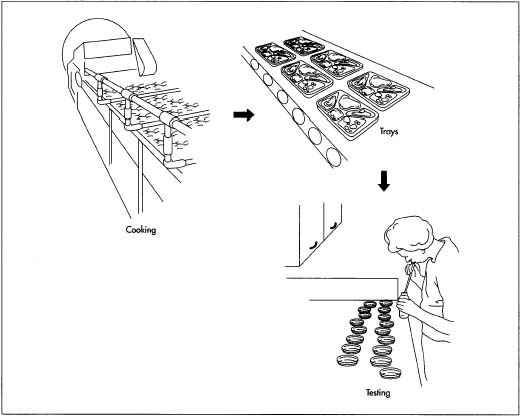 A unique adaptation of frozen food technology, the process for producing TV dinners is highly automated and can can be broken down into three stages. First the food is processed and prepared. Next, it is loaded into the packaging and then frozen.