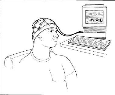 A man undergoing an EEG, wearing a cap equipped with electrodes.