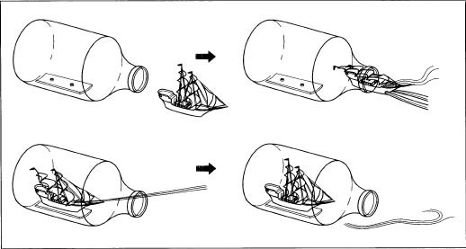 The ship is constructed outside of the bottle, then gently placed inside and raised.